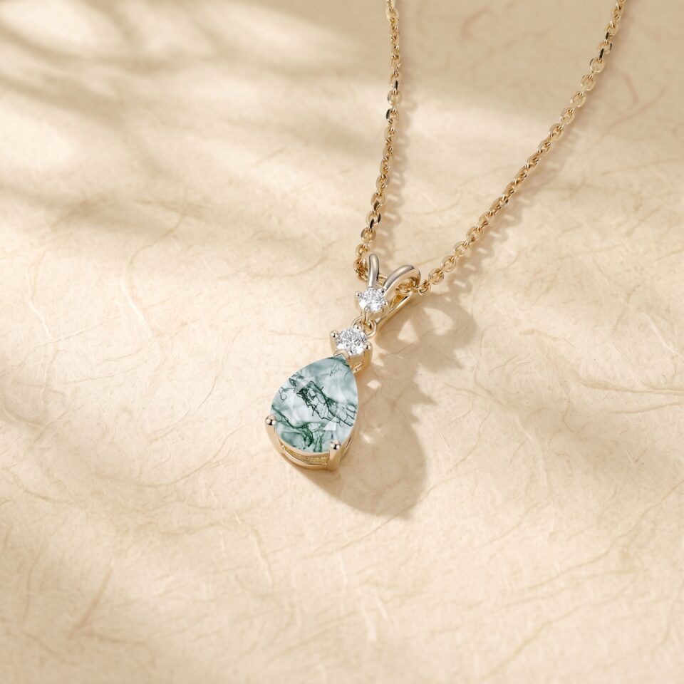 Pear Cut Moss Agate Triple Stone Pendant Necklace with Diamond Details1