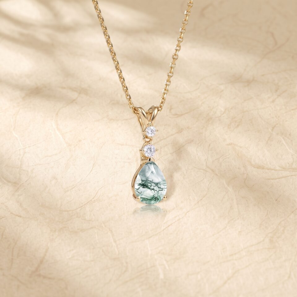 Pear Cut Moss Agate Triple Stone Pendant Necklace with Diamond Details2