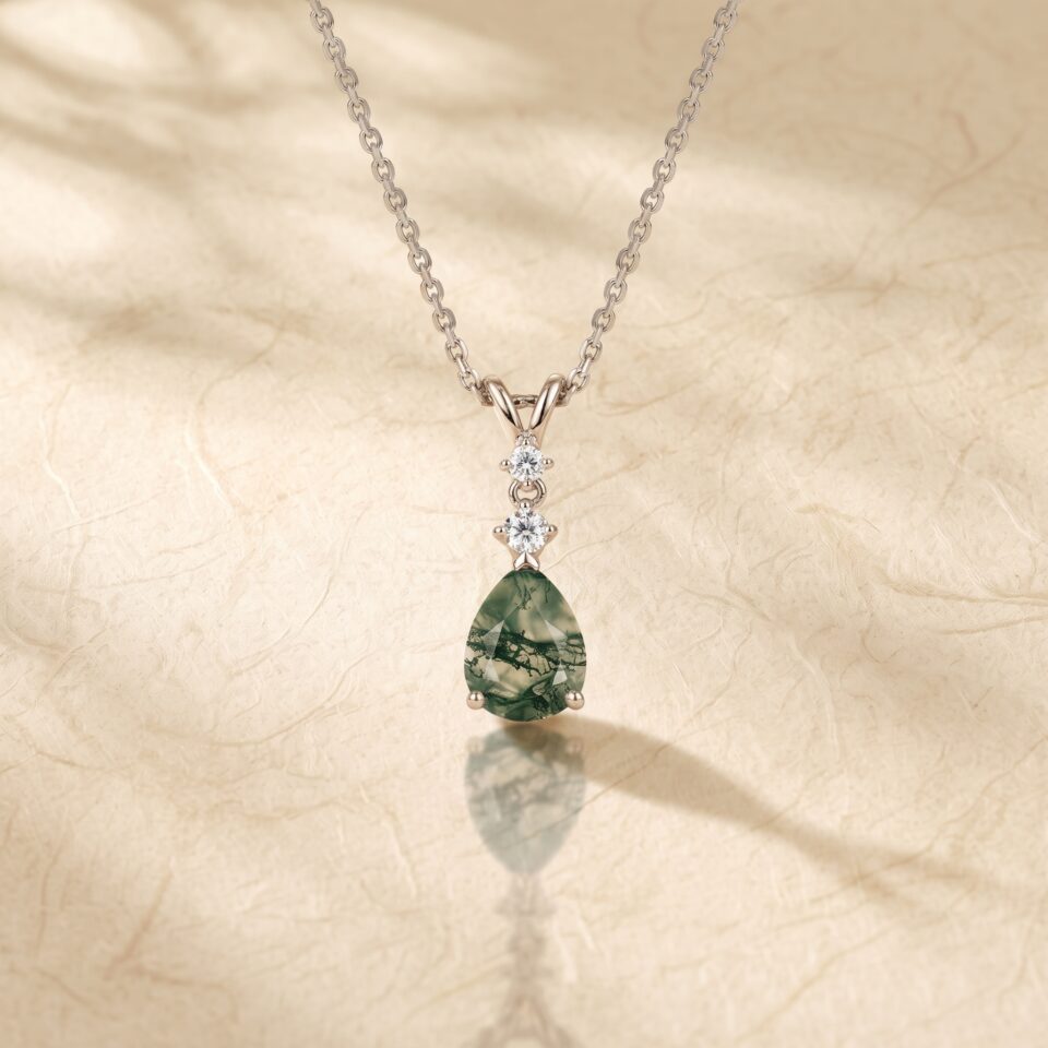 Pear Cut Moss Agate Triple Stone Pendant Necklace with Diamond Details4