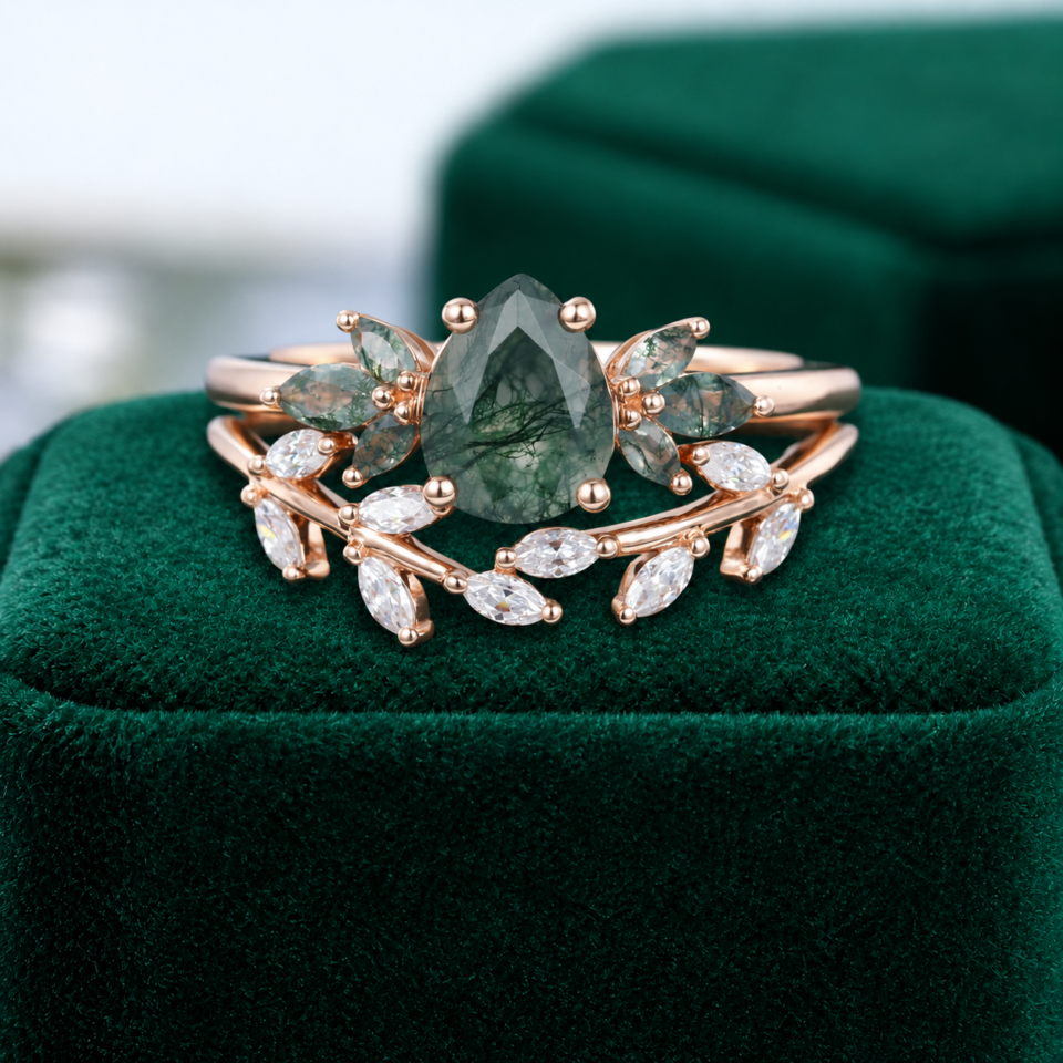 Pear-Cut Moss Agate and Moissanite Wedding Ring Set – Nature-Inspired