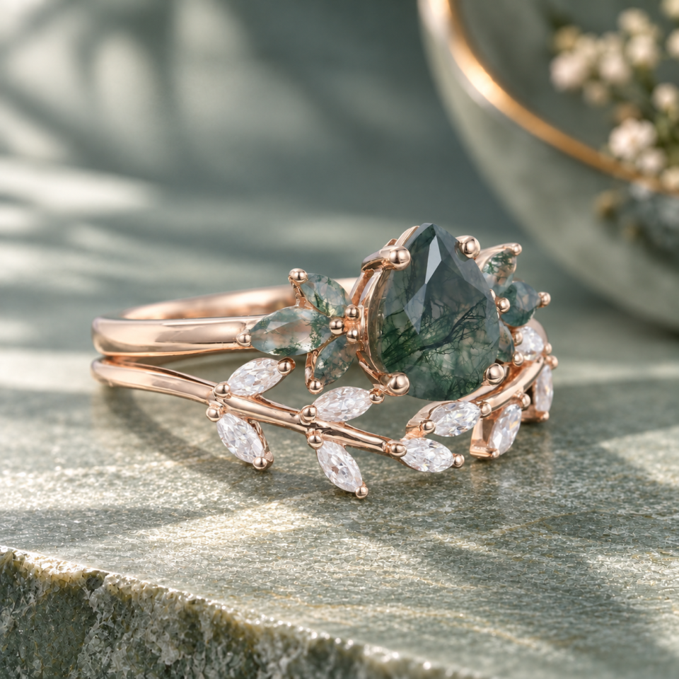 Pear-Cut Moss Agate and Moissanite Wedding Ring Set – Nature-Inspired (3)
