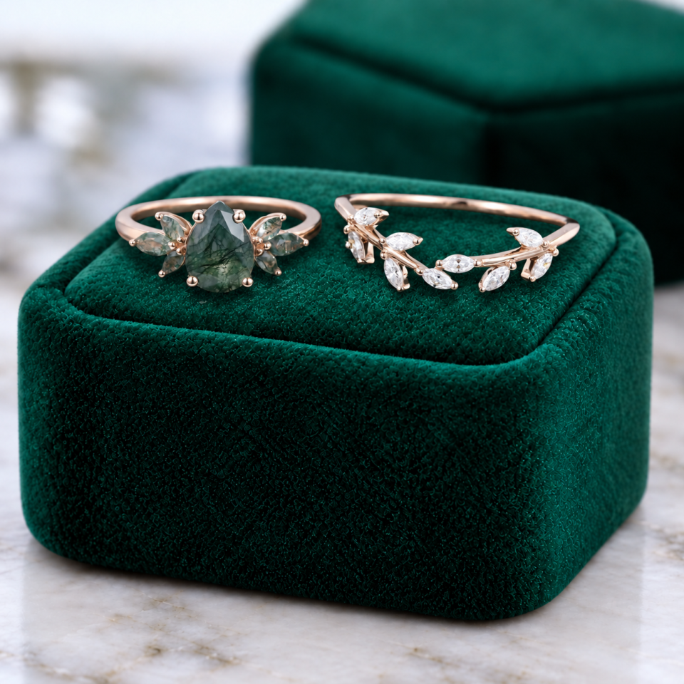 Pear-Cut Moss Agate and Moissanite Wedding Ring Set – Nature-Inspired (5)