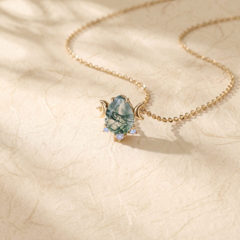 Pear-Cut Moss Agate and Moonstone Crescent Necklace1