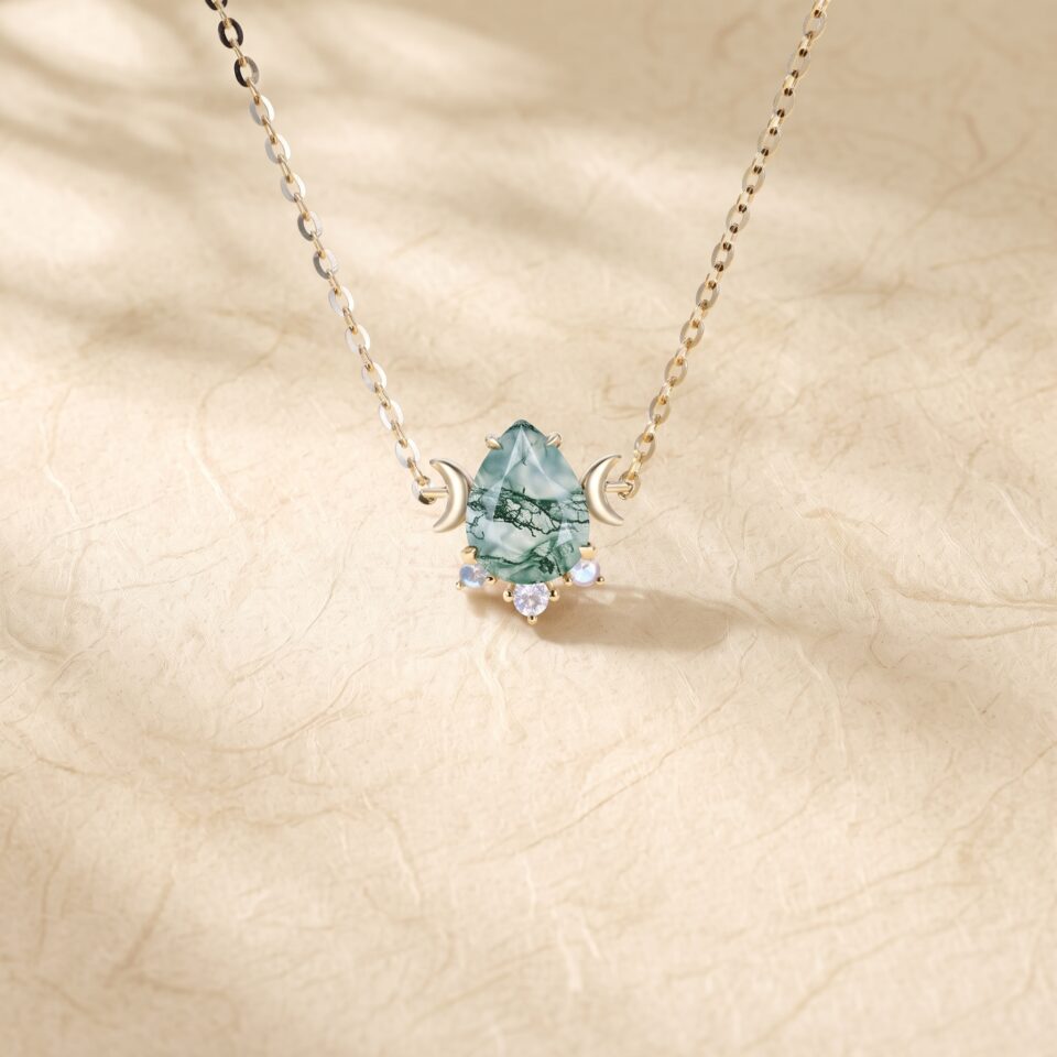 Pear-Cut Moss Agate and Moonstone Crescent Necklace5