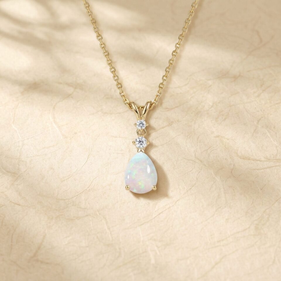 Pear Cut Natural Opal Trilogy Necklace with Sparkling Diamond Accents (1)