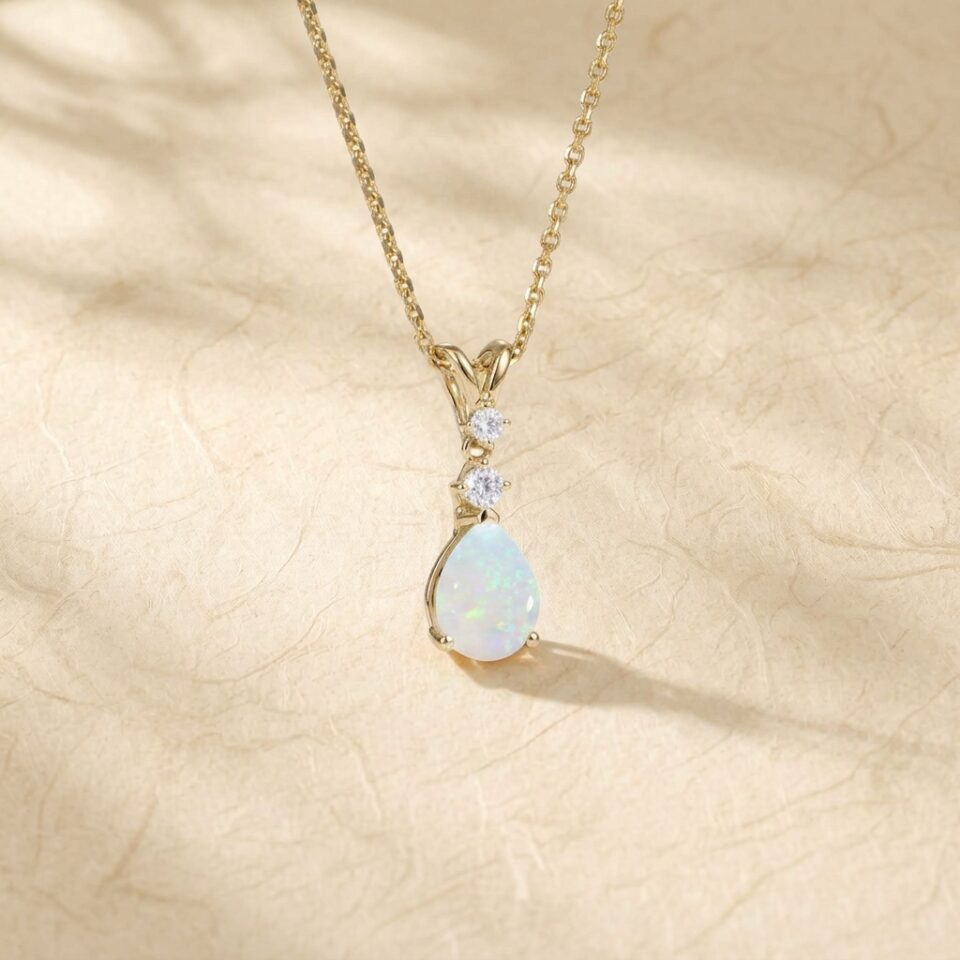 Pear Cut Natural Opal Trilogy Necklace with Sparkling Diamond Accents (4)