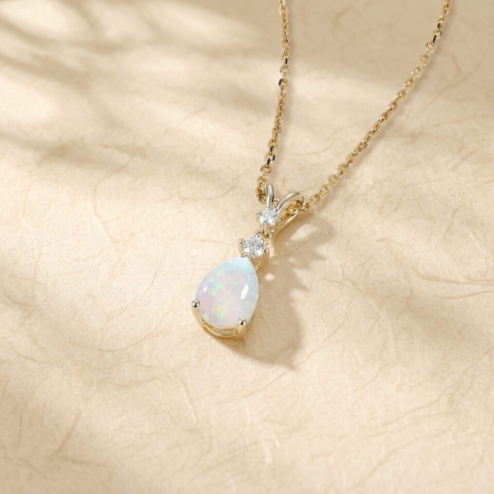 Pear Cut Natural Opal Trilogy Necklace with Sparkling Diamond Accents (5)
