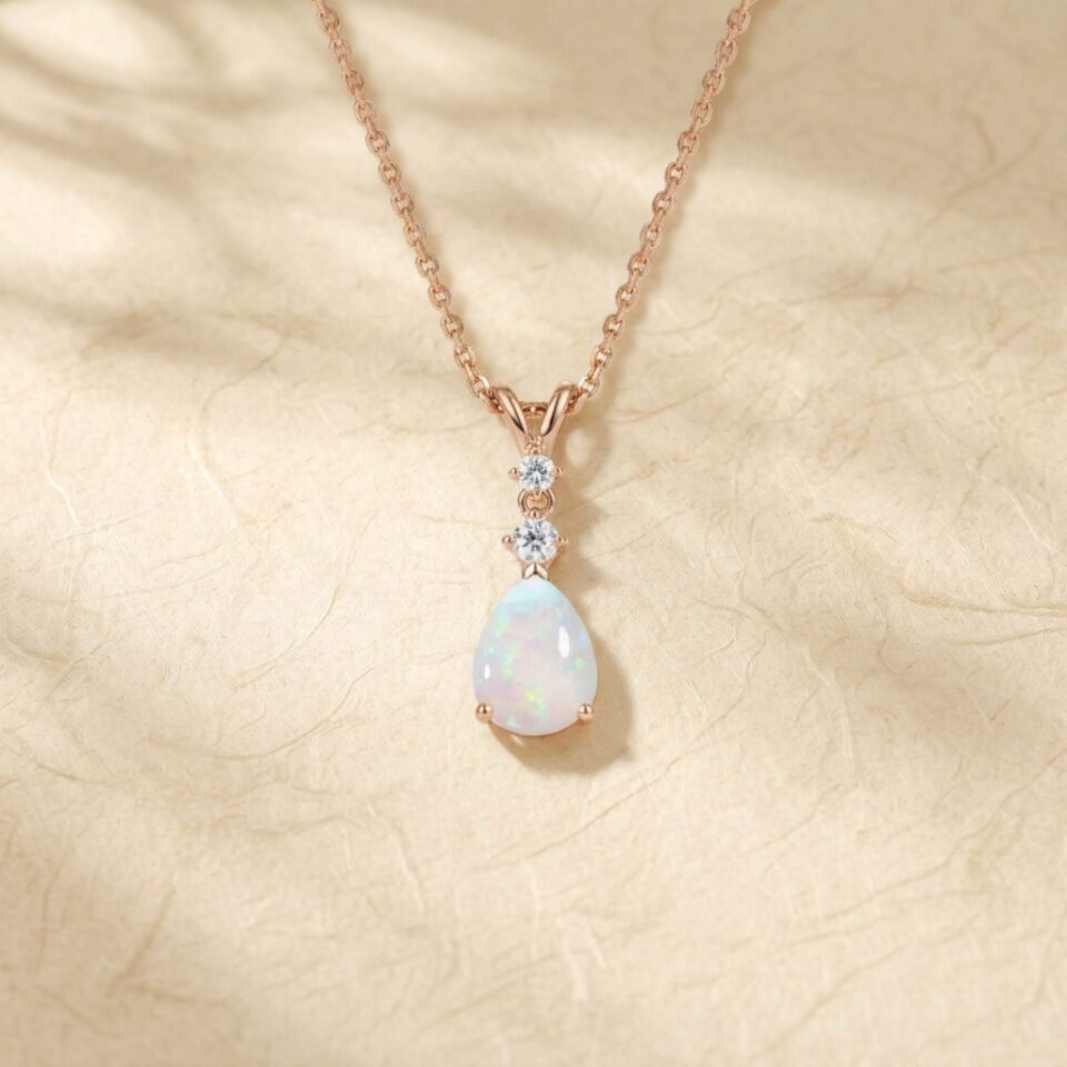 Pear Cut Natural Opal Trilogy Necklace with Sparkling Diamond Accents (7)