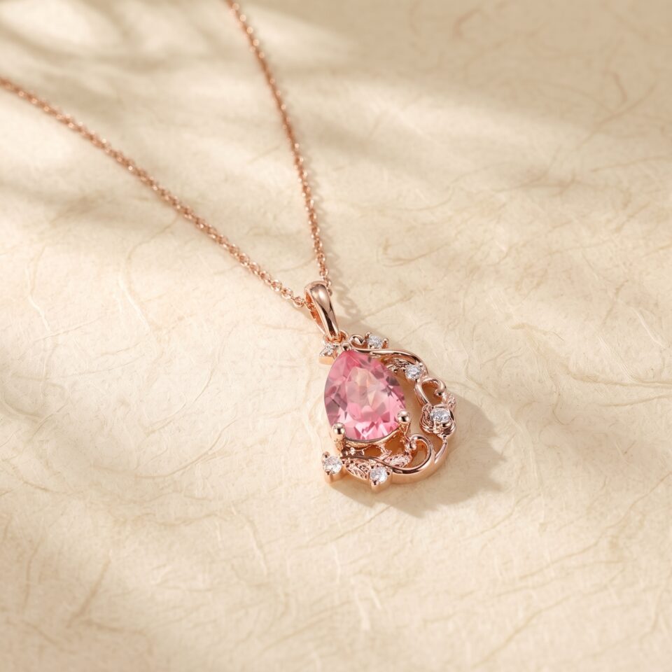 Pear Cut Pink Sapphire Pendant Necklace with Crescent Vine Design2