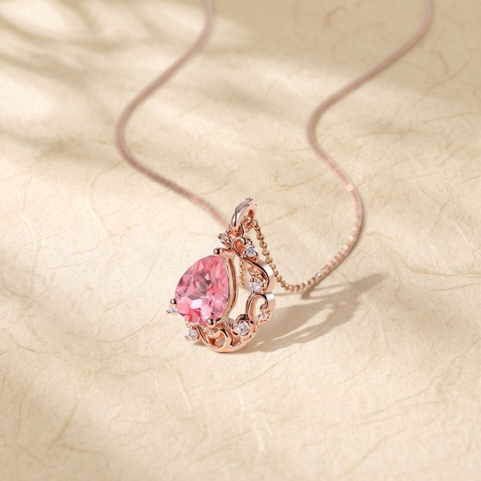 Pear Cut Pink Sapphire Pendant Necklace with Crescent Vine Design3