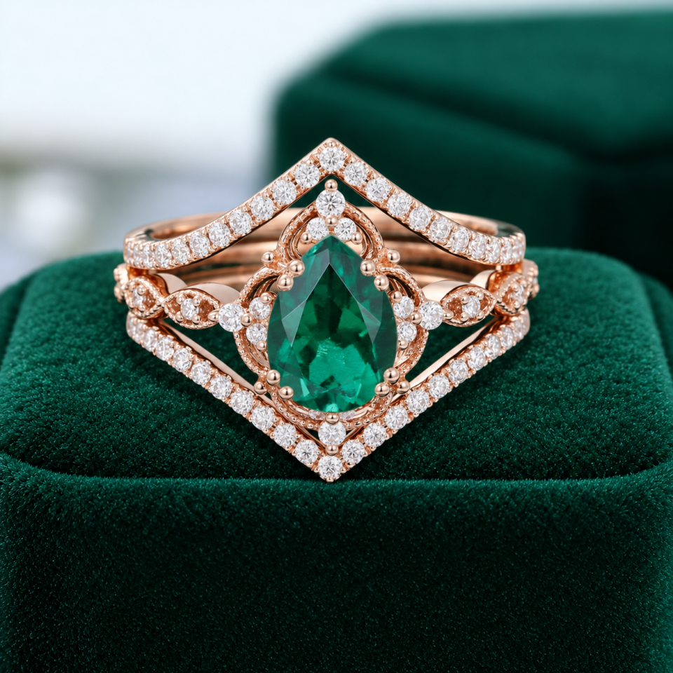 Pear-Shaped Emerald 3PCS Engagement & Wedding Ring Set – Floral Halo
