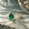 Pear Shaped Emerald Engagement Ring Set Vintage Bridal Set (1)