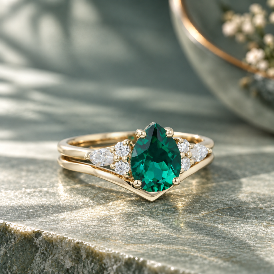 Pear Shaped Emerald Engagement Ring Set Vintage Bridal Set (2)
