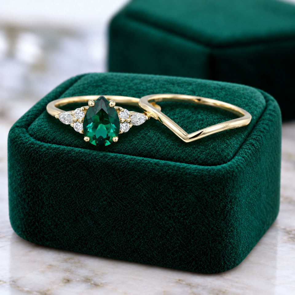 Pear Shaped Emerald Engagement Ring Set Vintage Bridal Set (3)