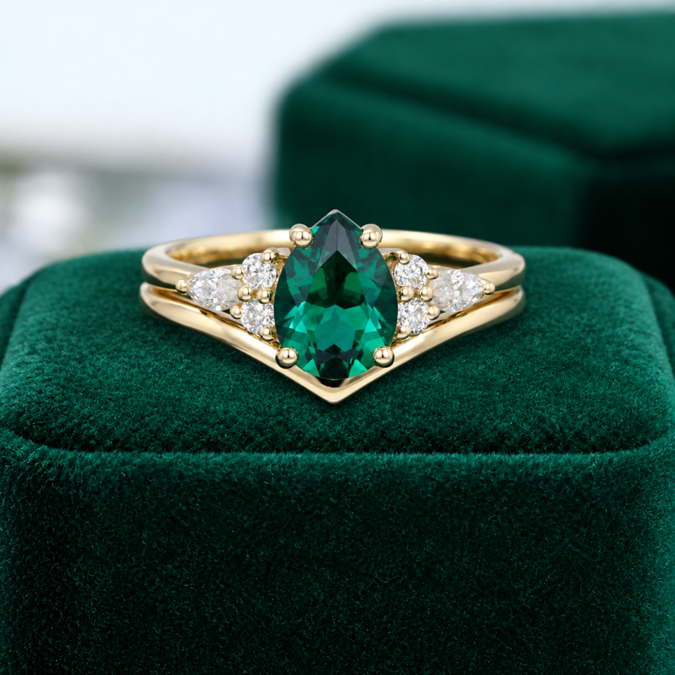 Pear Shaped Emerald Engagement Ring Set Vintage Bridal Set