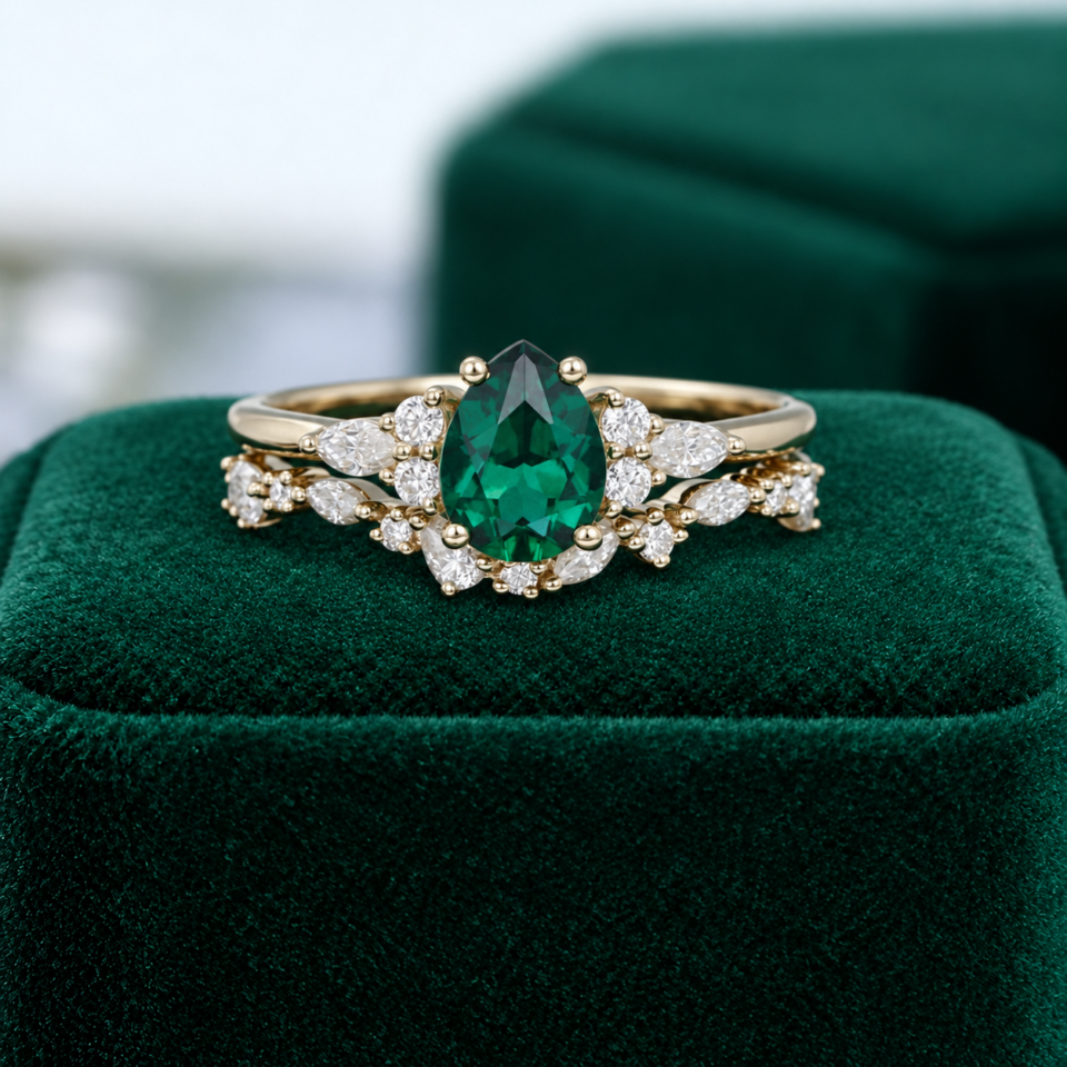 Pear-Shaped Lab Emerald Engagement Ring – Unique Bridal Wedding Set