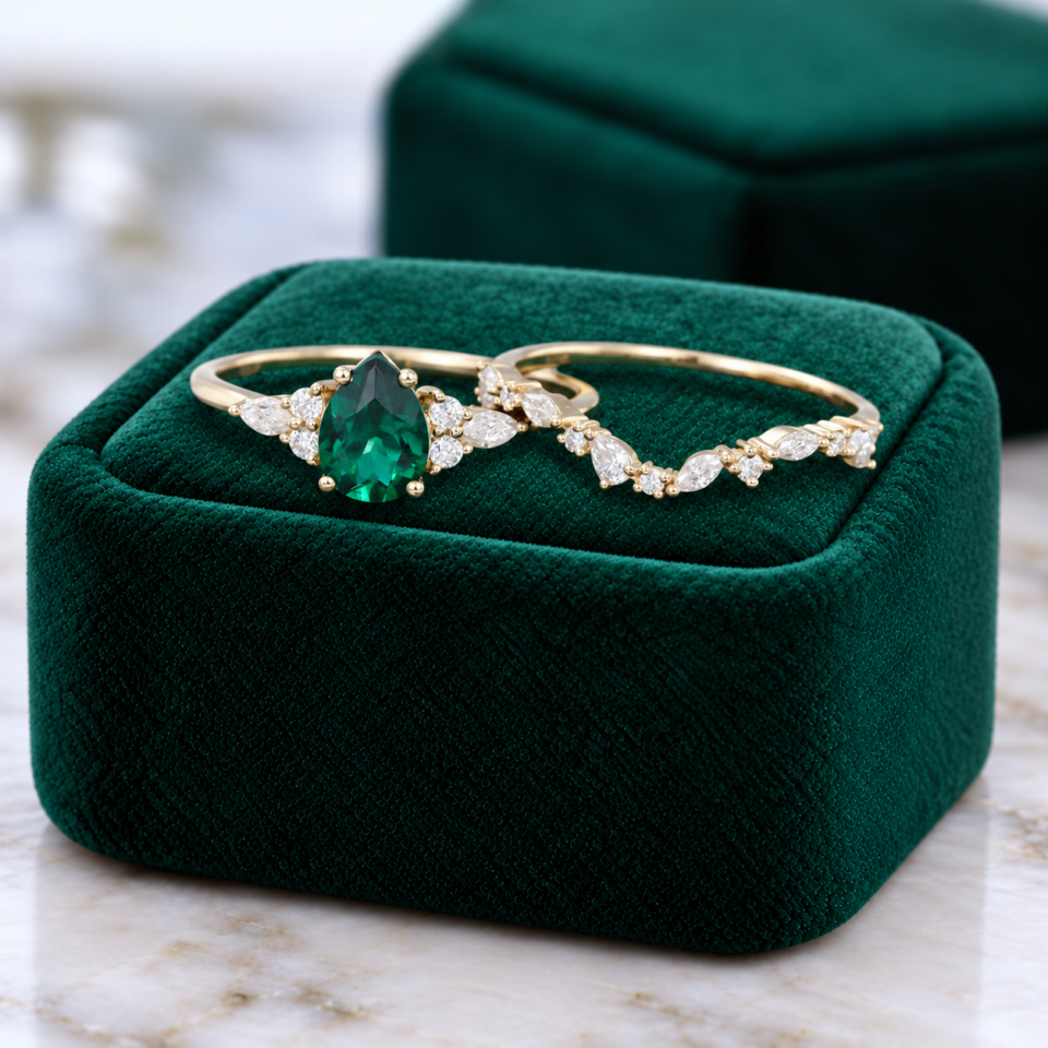 Pear-Shaped Lab Emerald Engagement Ring – Unique Bridal Wedding Set (2)