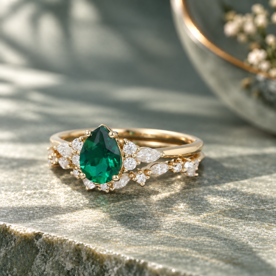Pear-Shaped Lab Emerald Engagement Ring – Unique Bridal Wedding Set (4)