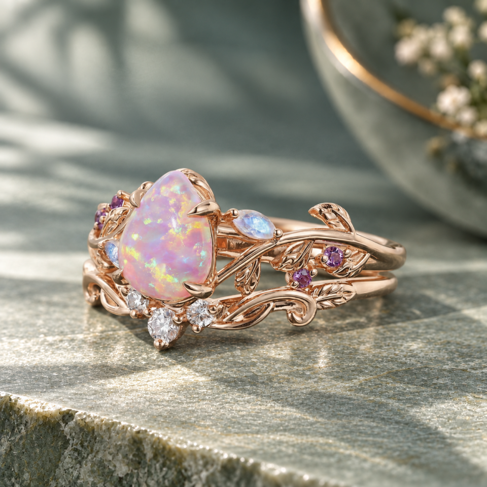Pear-Shaped Lab Pink Opal Engagement & Wedding Ring Set – Nature Inspired (1)