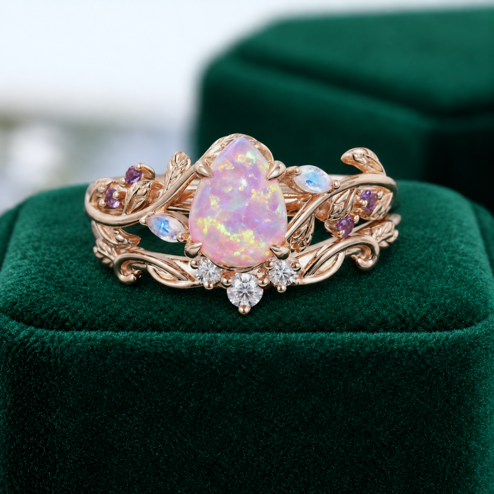 Pear-Shaped Lab Pink Opal Engagement & Wedding Ring Set – Nature Inspired