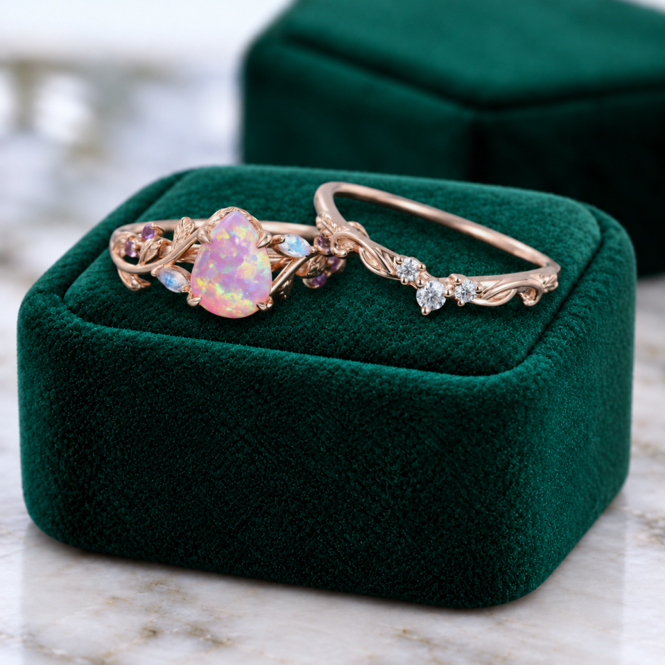 Pear-Shaped Lab Pink Opal Engagement & Wedding Ring Set – Nature Inspired (5)
