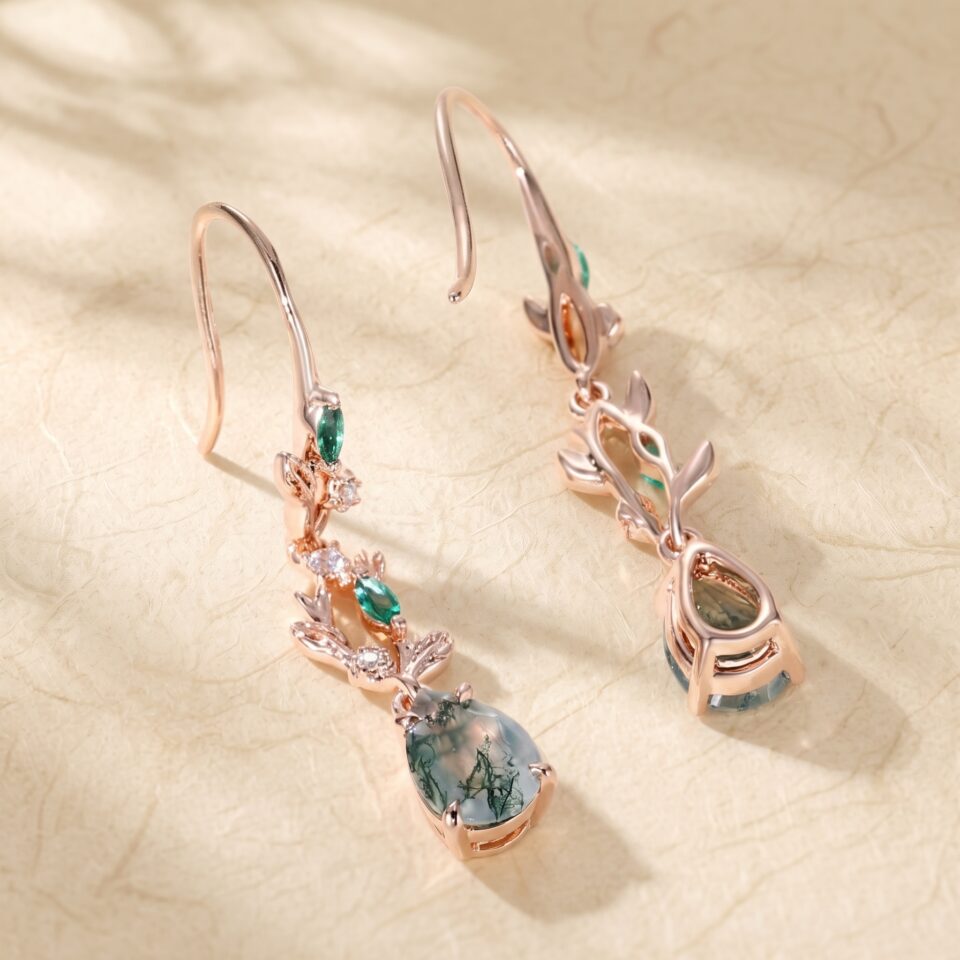 Pear Shaped Moss Agate Earrings with Delicate Leaf Details (1)