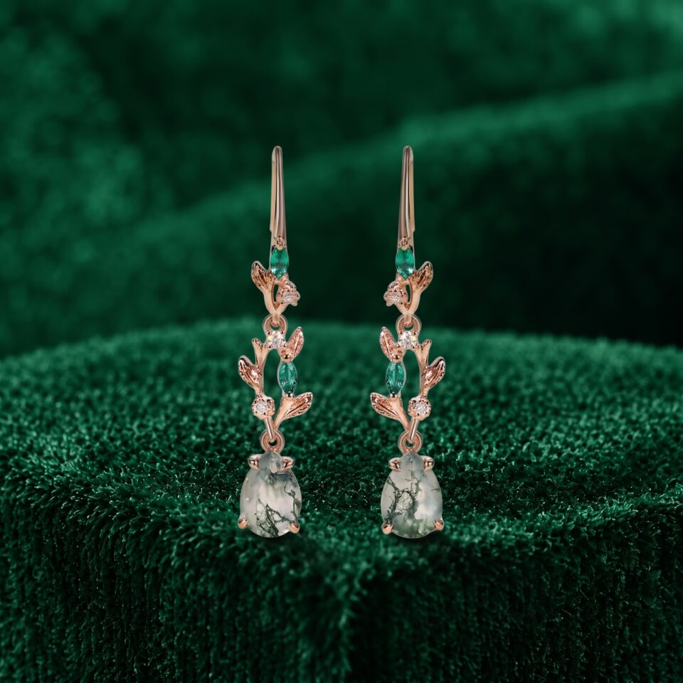 Pear Shaped Moss Agate Earrings with Delicate Leaf Details