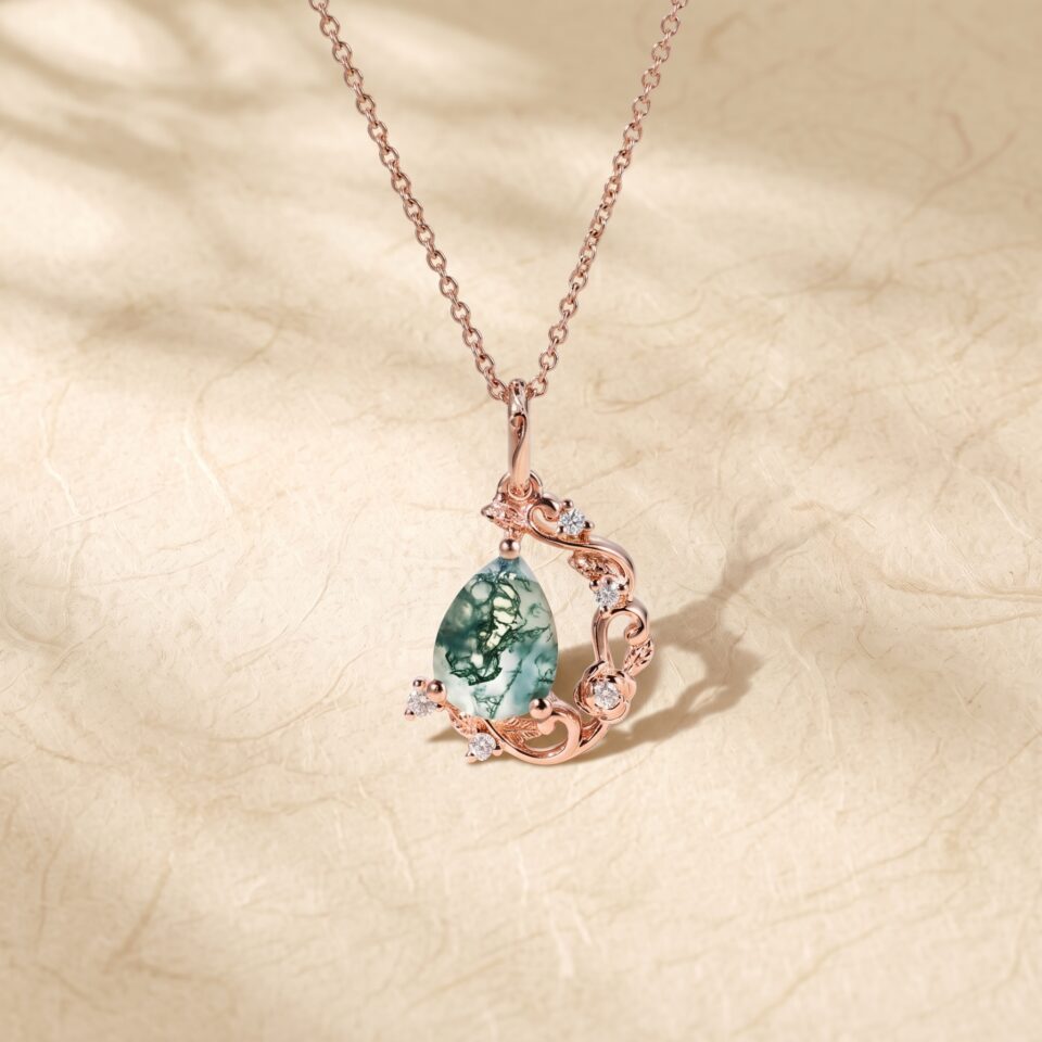 Pear-Shaped Moss Agate Pendant Necklace with Delicate Vine Accent3