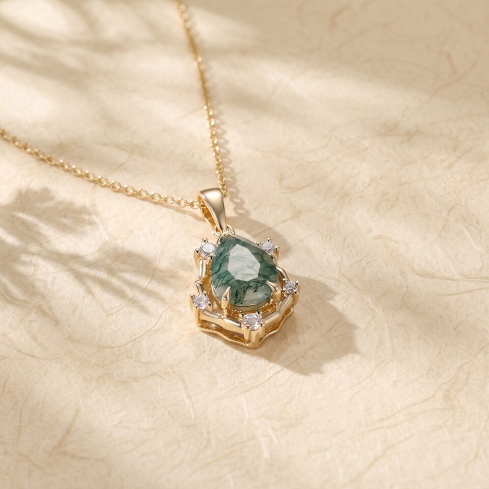 Pear-Shaped Moss Agate Pendant Necklace with Organic Halo5
