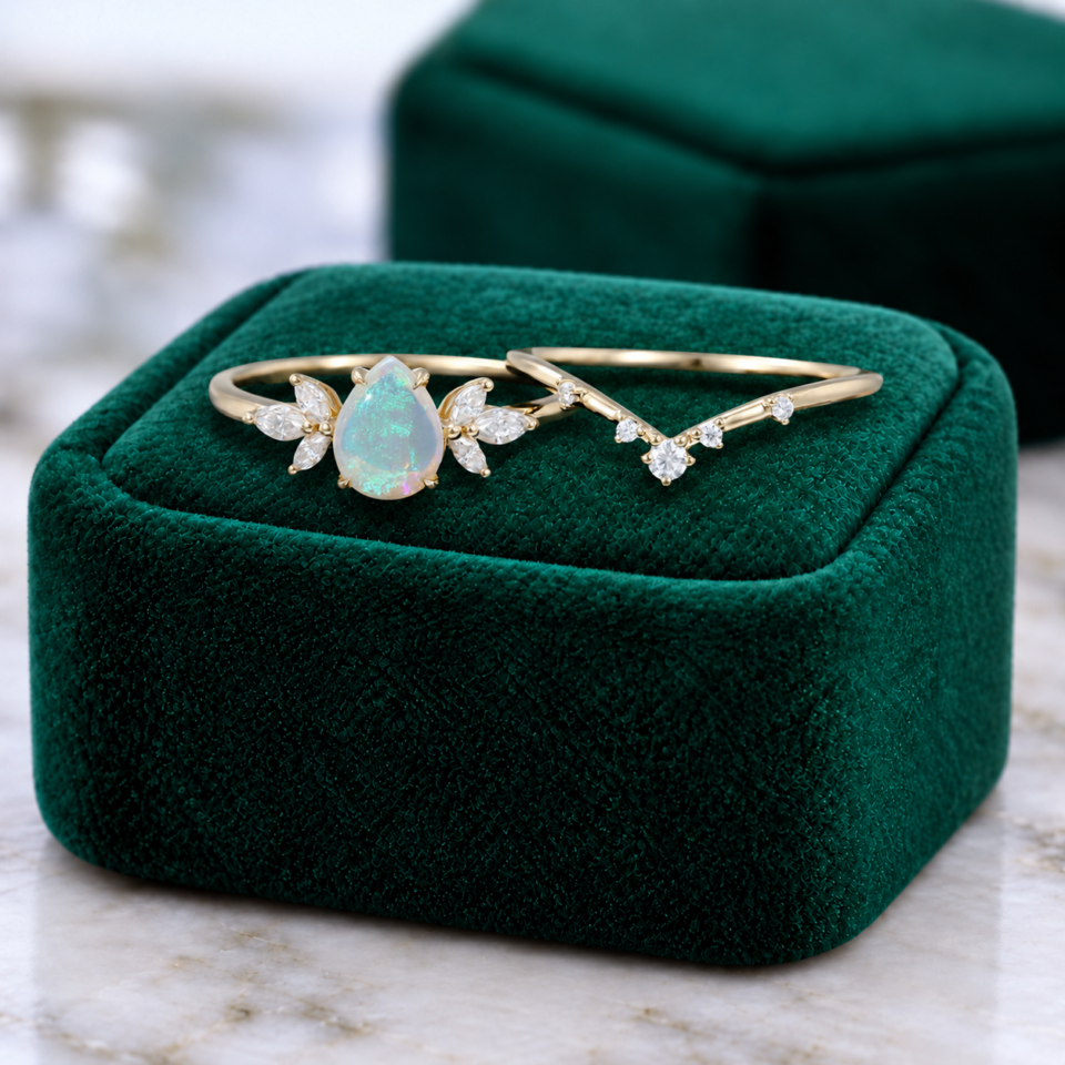 Pear Shaped Natural Opal With Moissanite Cluster Wedding Ring Set (1)