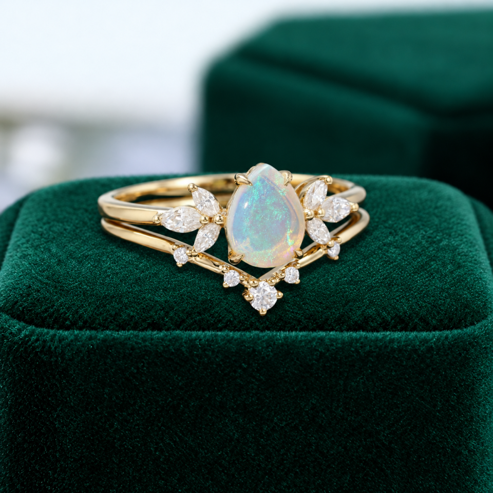 Pear Shaped Natural Opal With Moissanite Cluster Wedding Ring Set (2)