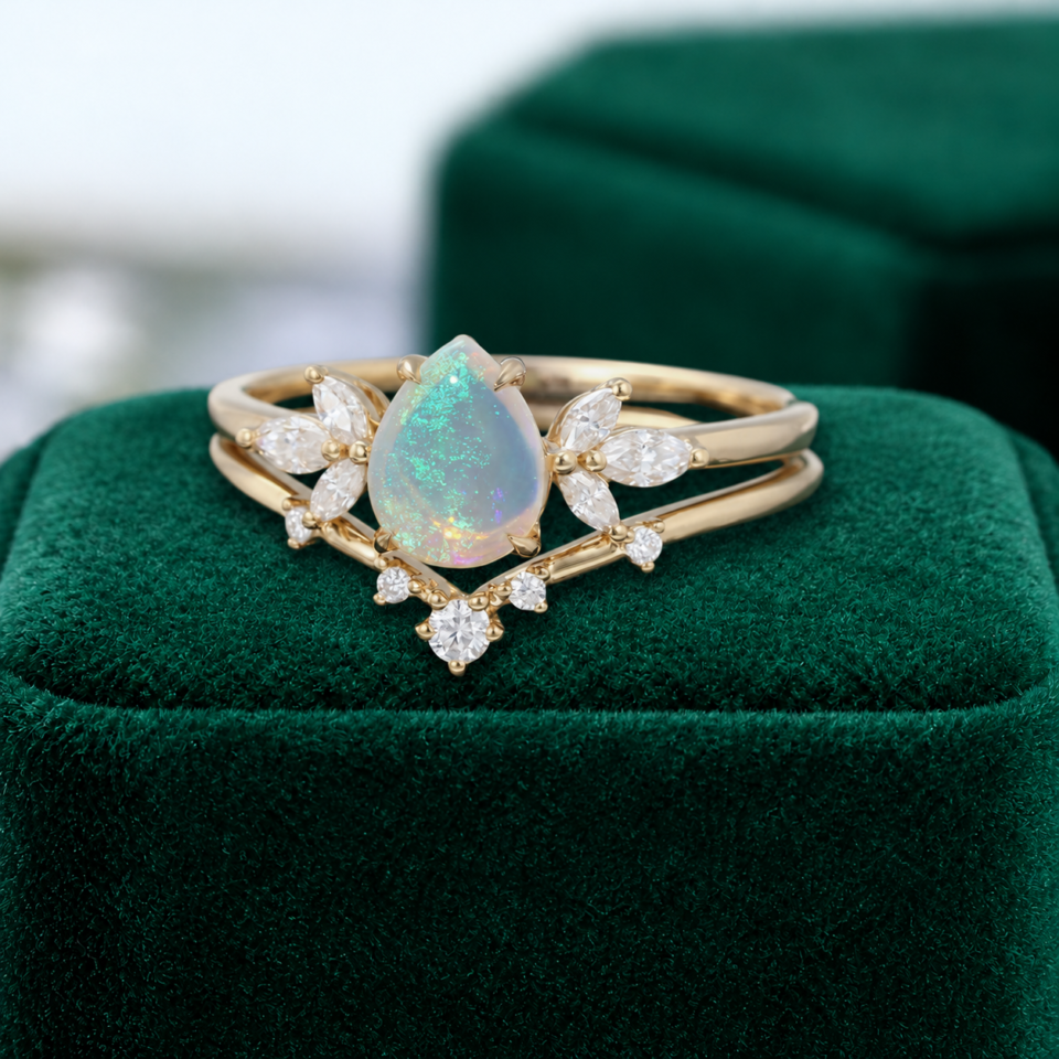 Pear Shaped Natural Opal With Moissanite Cluster Wedding Ring Set (3)