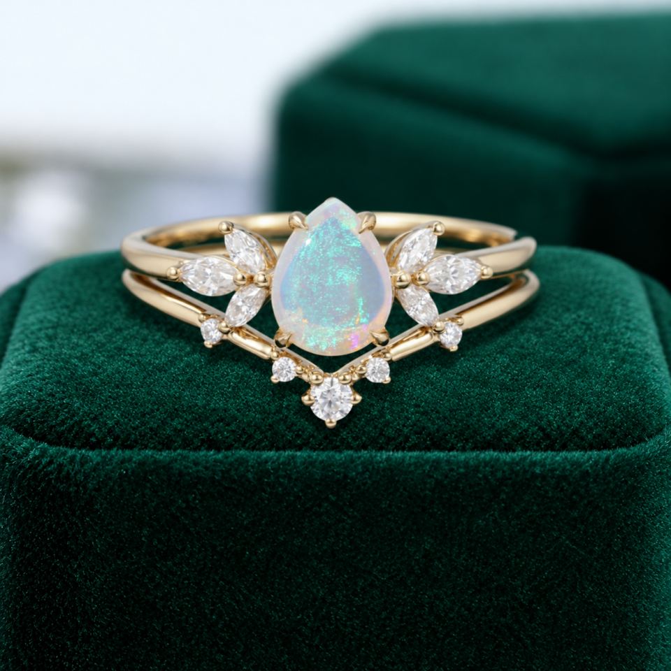 Pear Shaped Natural Opal With Moissanite Cluster Wedding Ring Set