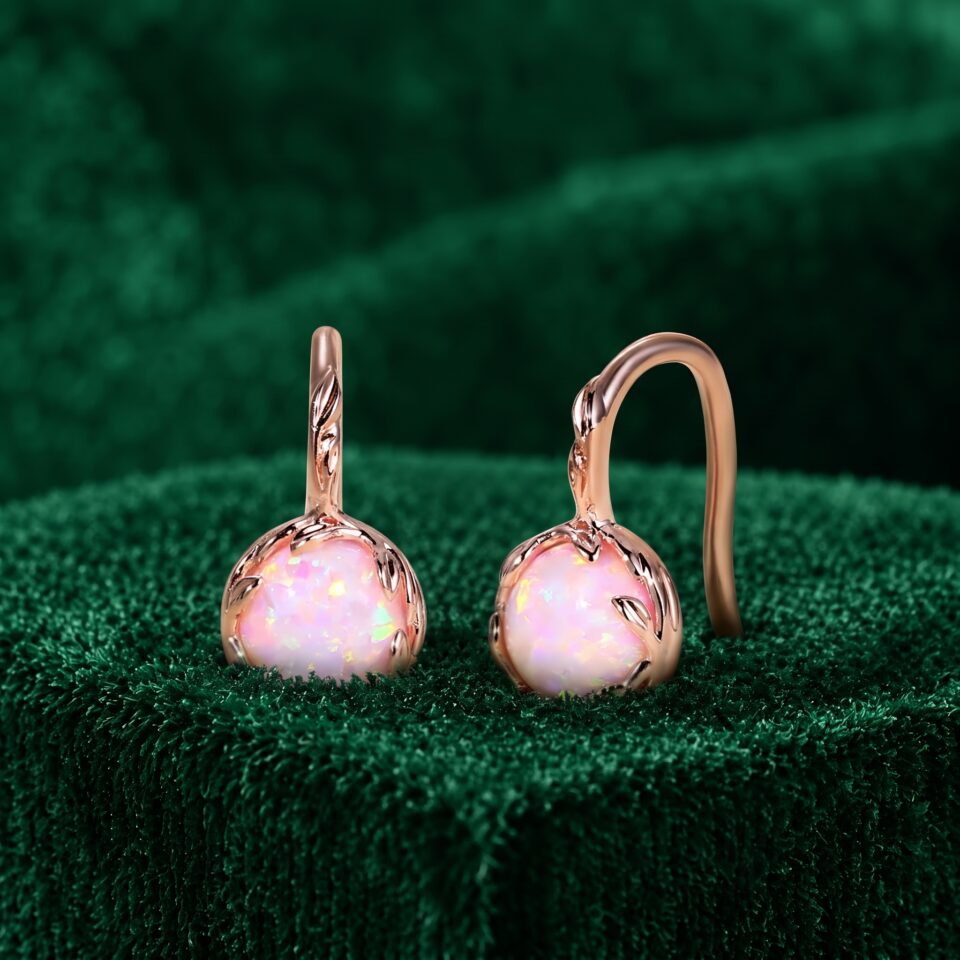 Pink Opal Round Cut Botanical Dangle Earrings for Women
