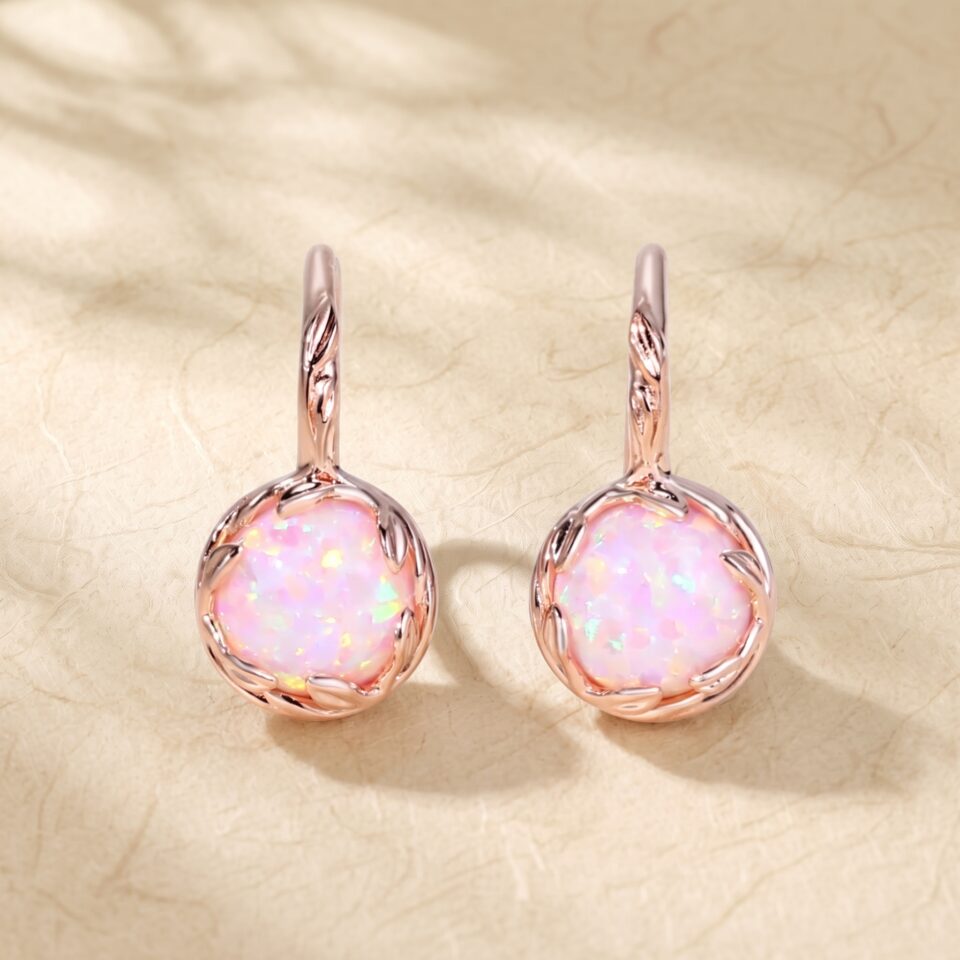 Pink Opal Round Cut Botanical Dangle Earrings for Women (3)