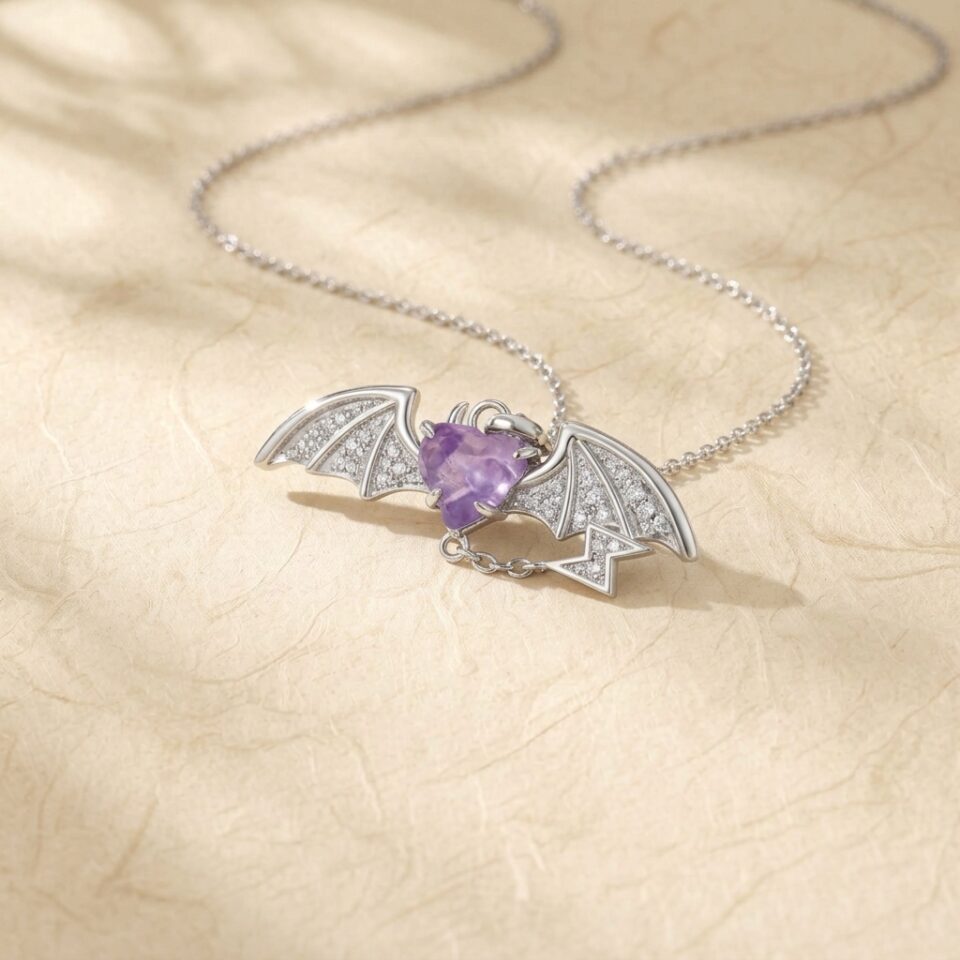 Purple Sapphire Bat Necklace with Sculpted Organic Curves (2)