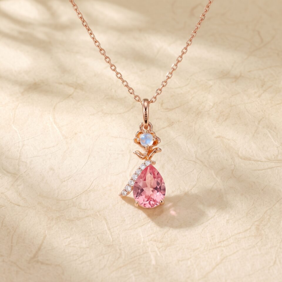 Rose Glow Pear Cut Pink Sapphire Necklace with Floral Inspired Design for Valentine’s Day3
