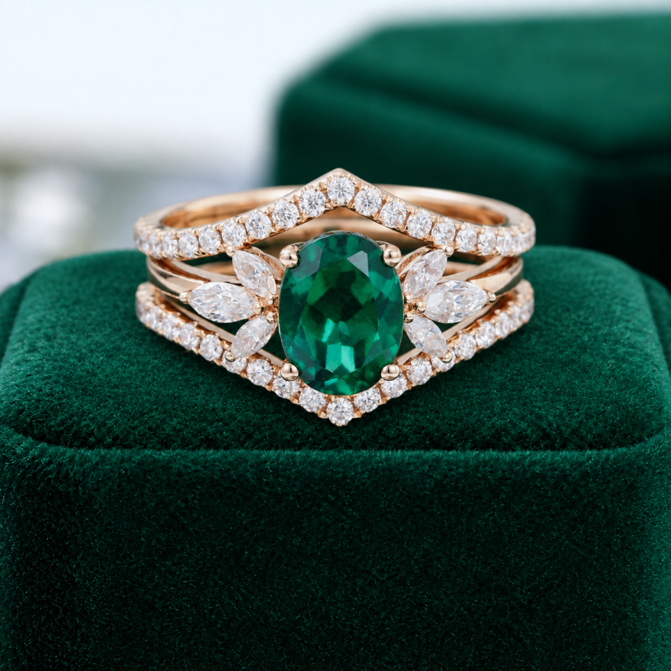 Rose Gold 6×8 mm Oval-Cut Lab Emerald Bridal Ring Set