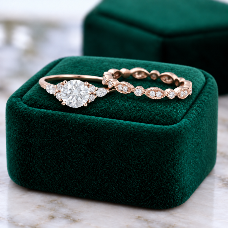 Round-Cut Moissanite 2PCS Vintage Engagement & Wedding Ring Set (5)