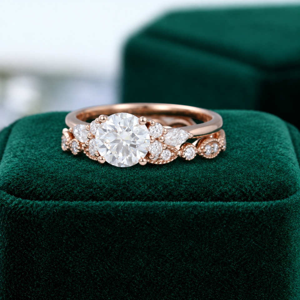Round-Cut Moissanite 2PCS Vintage Engagement & Wedding Ring Set (6)