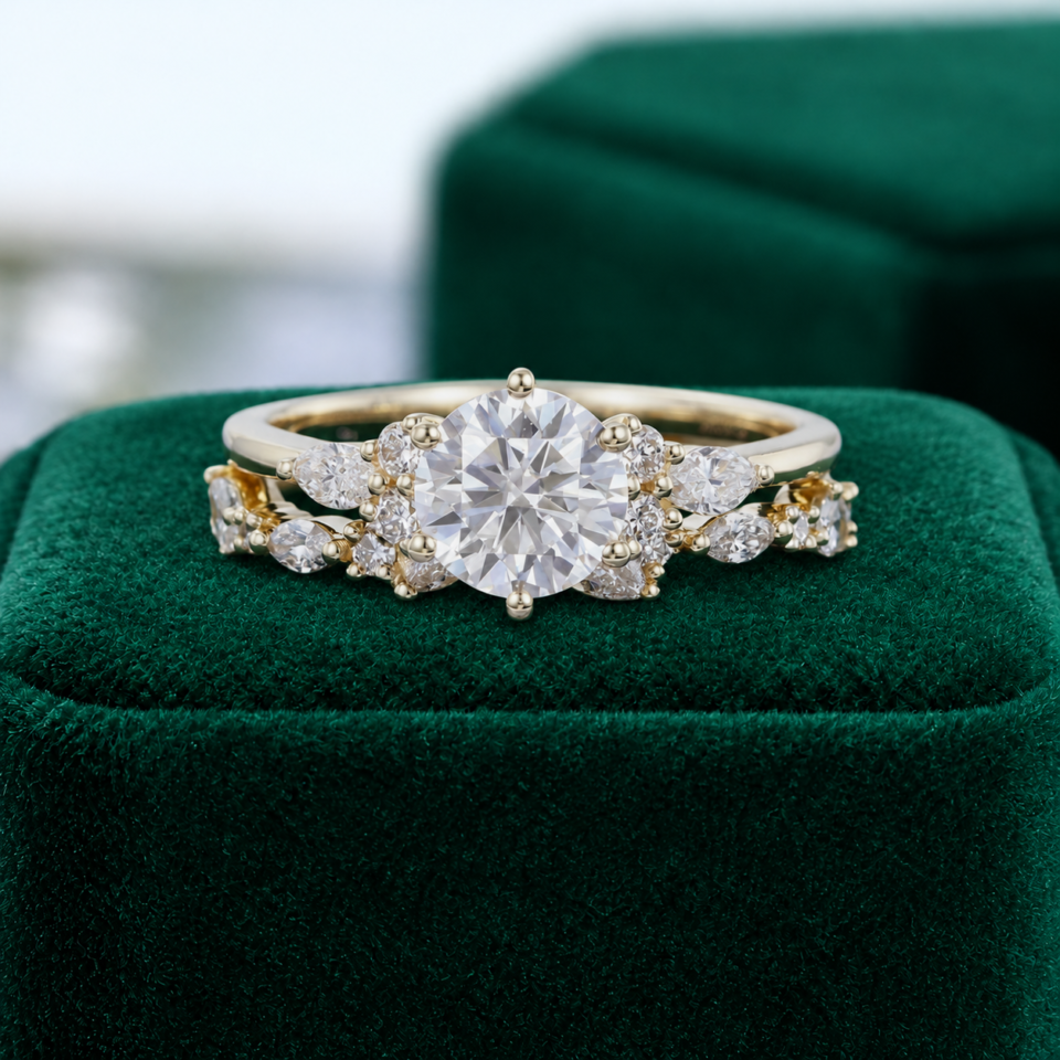 Round-Cut Moissanite Engagement Ring Set – Unique Bridal Set