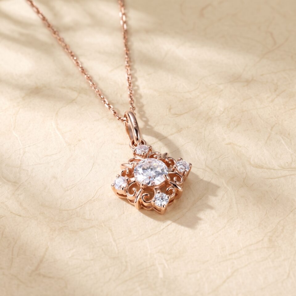 Round Cut Moissanite Snowflake Filigree Pendant Necklace3