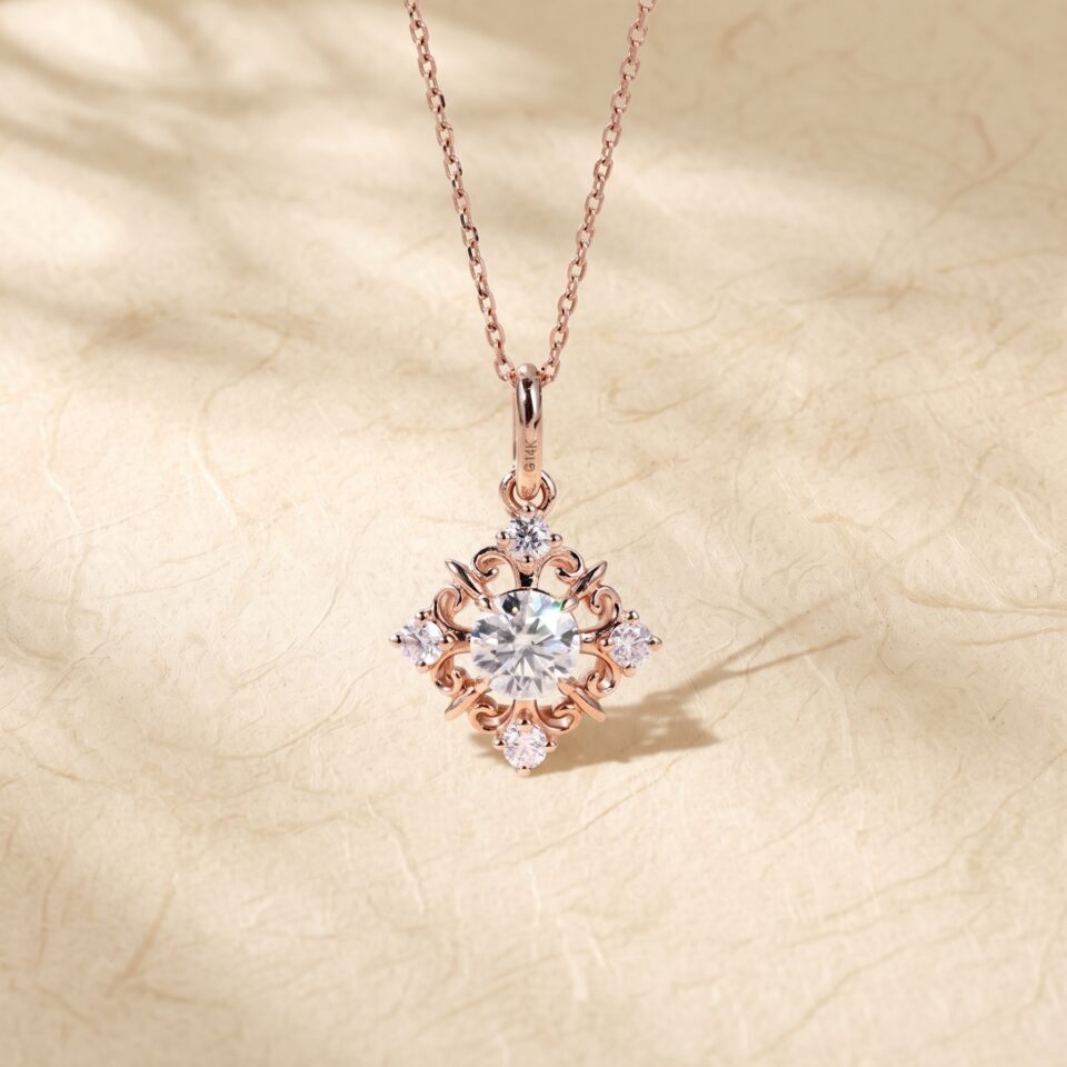 Round Cut Moissanite Snowflake Filigree Pendant Necklace4