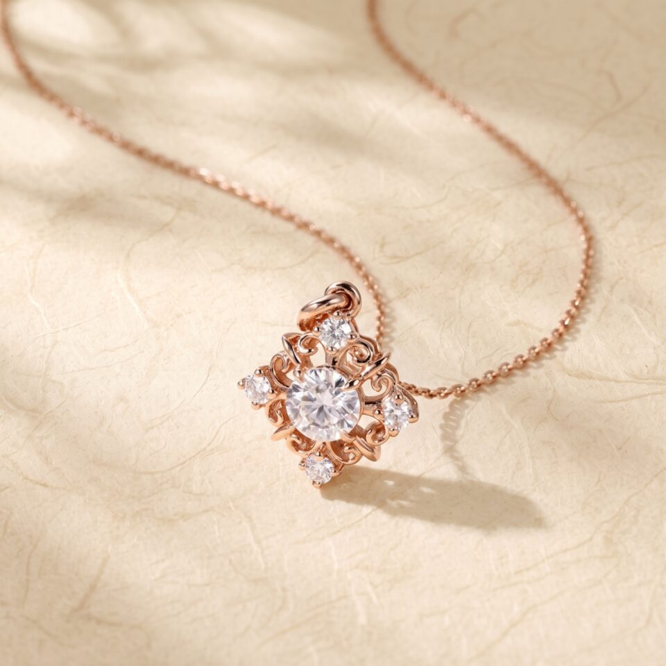 Round Cut Moissanite Snowflake Filigree Pendant Necklace7