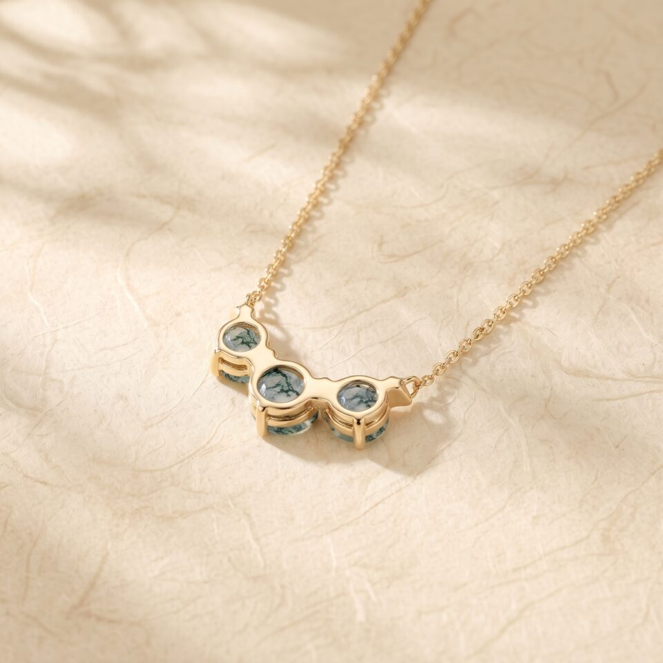 Round Cut Moss Agate Triple Stone Necklace with Star Design4