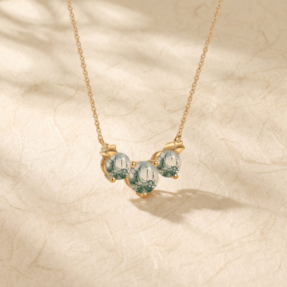 Round Cut Moss Agate Triple Stone Necklace with Star Design5