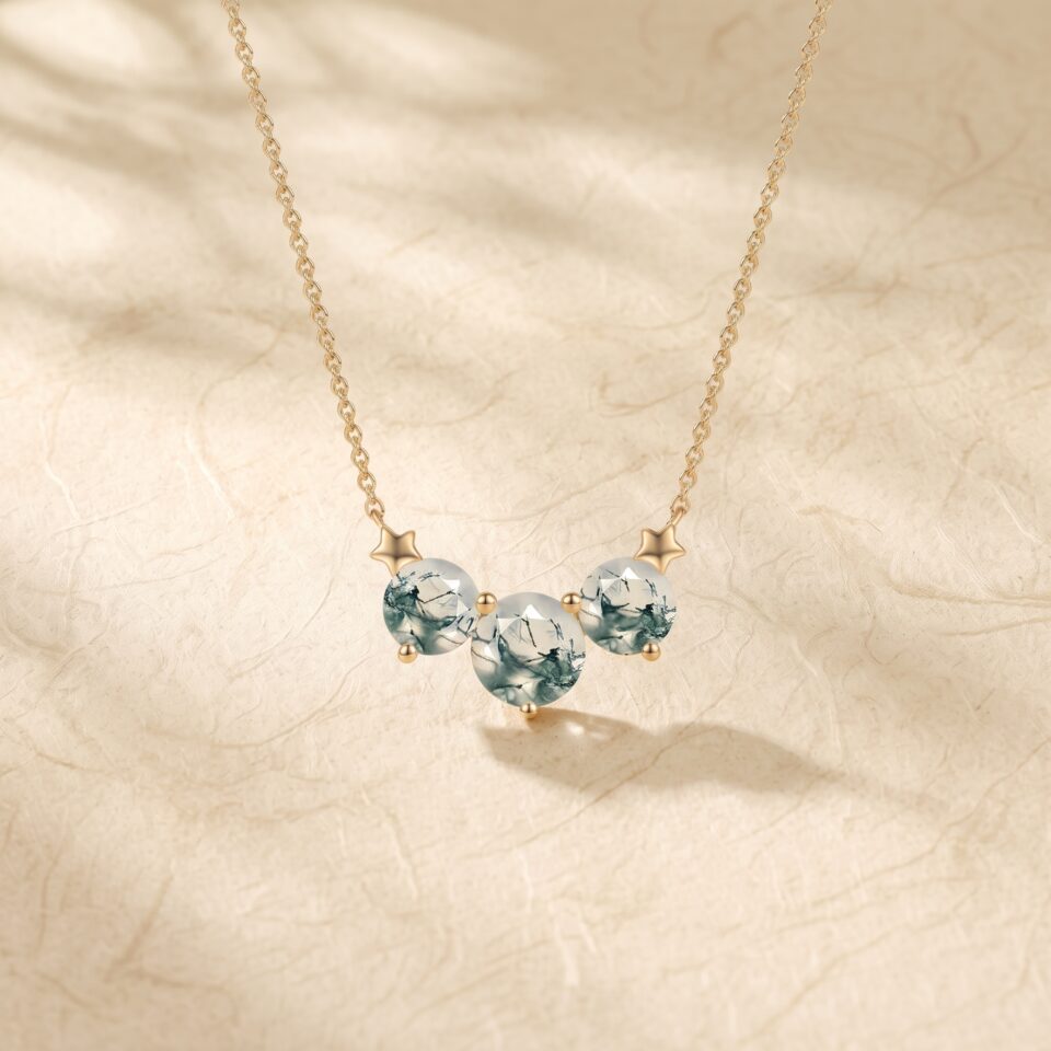 Round Cut Moss Agate Triple Stone Necklace with Star Design6