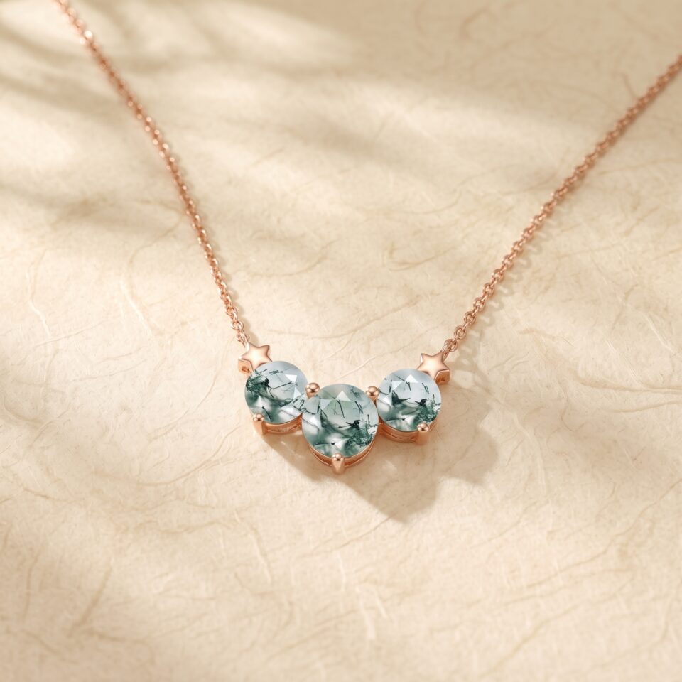 Round Cut Moss Agate Triple Stone Necklace with Star Design7