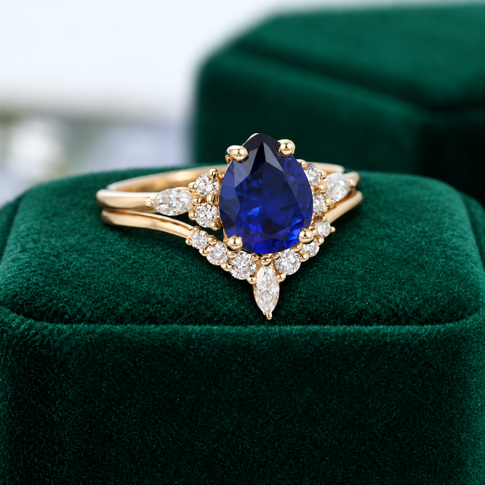 Sapphire And Moissanite Engagement Ring Set (2)