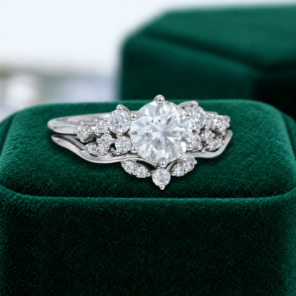 Snowdrift Round Cut Moissanite Cluster Engagement Ring Set Bold Symmetrical Accents (1)